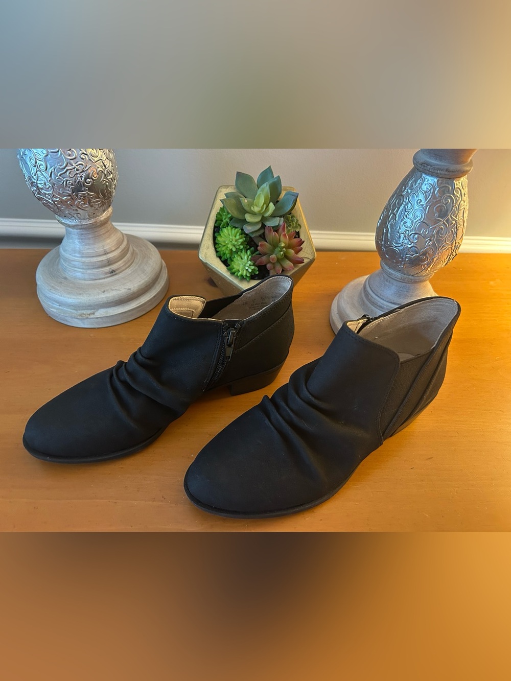Life Stride Black Suede Low Heel Ankle Booties